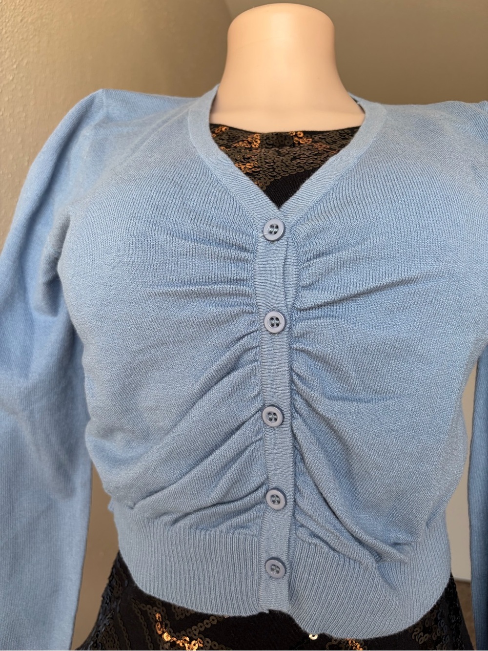 & Other Stories Light Blue Ruched V-Neck Button Cardigan